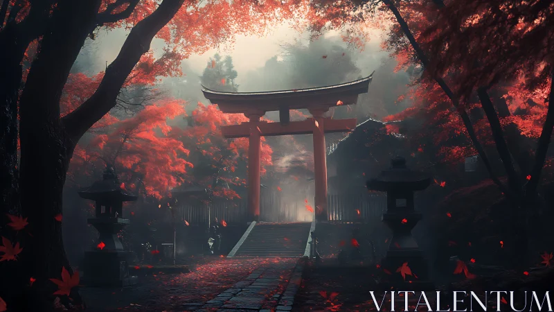 Crimson leaves guard a mist‑veiled torii at dawn
