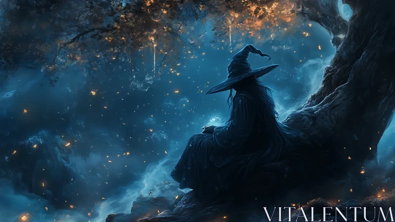 Solitary witch under luminous autumn canopy at twilight.