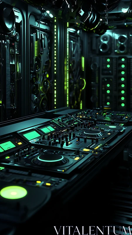 Futuristic DJ control workstation with neon green interface