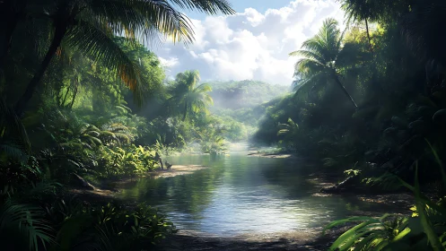Tropical River Canyon Rendered Through Luminous Digital Painting