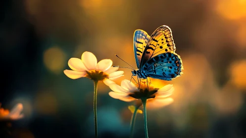 Butterfly rests on glowing wildflower in warm golden dusk