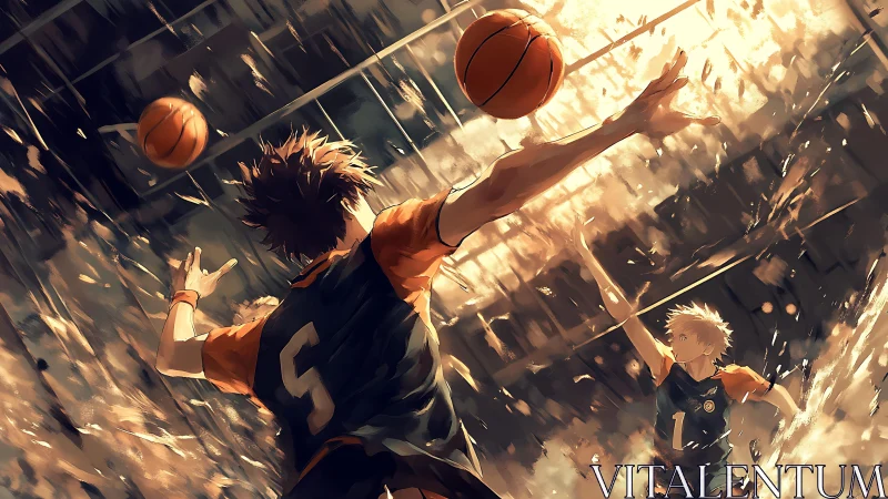 Anime basketball players leap into a dramatic, blazing arena