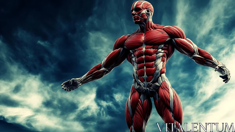 Muscular anatomical figure under dramatic cloudy sky.