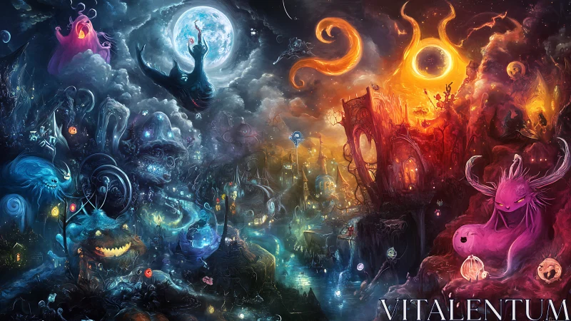 Bipolar celestial fantasy landscape with spectral creatures divide.