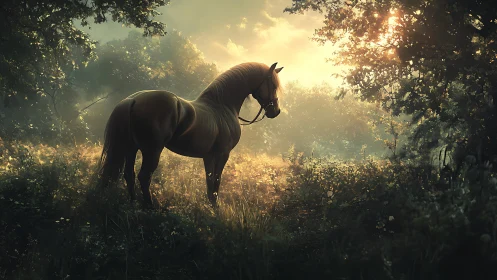Golden light silhouettes a horse in a tranquil forest meadow.