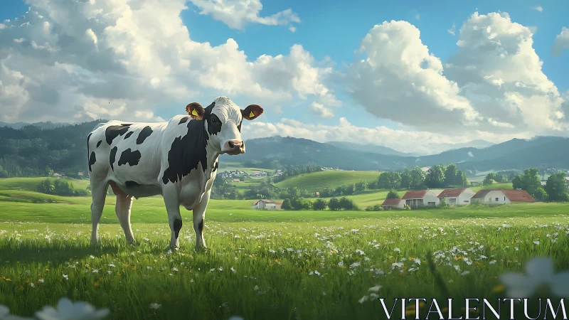 Calm Holstein cow standing in a sunlit wildflower meadow.