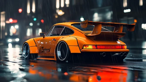 Orange sports coupe on wet city street at night in rain.