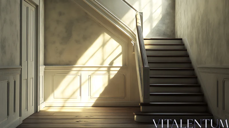 Sunlit wooden staircase with high-contrast volumetric lighting.