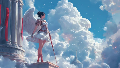 Winged guardian on neoclassical sky temple balcony at dawn