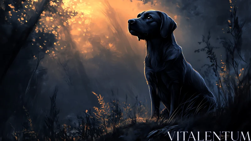 Black dog in dusk forest under dramatic rim lighting glow.
