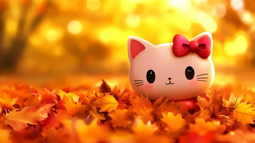 Cartoon cat figurine surrounded by orange autumn leaves.