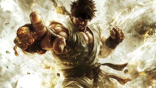 Martial artist unleashes a fiery punch amid explosive light