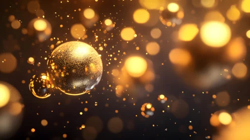 Glowing Golden Bubbles Floating in Abstract Bokeh Style.