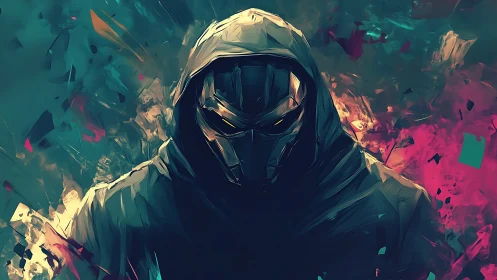 Hooded cyber warrior emerges from neon storm of shards.