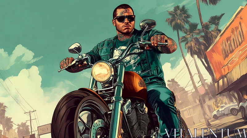 Sunburned highway outlaw rides chrome thunder downtown.