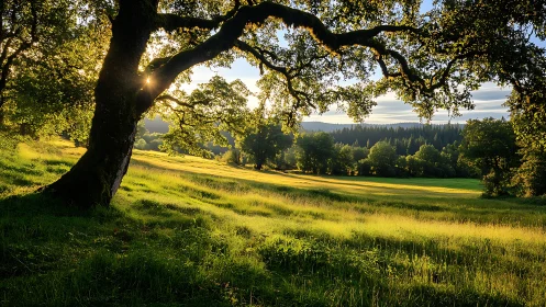 Sunlit oak tree overlooking bright meadow at golden hour.