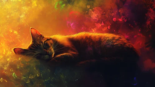 Sleeping Cat in Vibrant Cosmic Firelight.