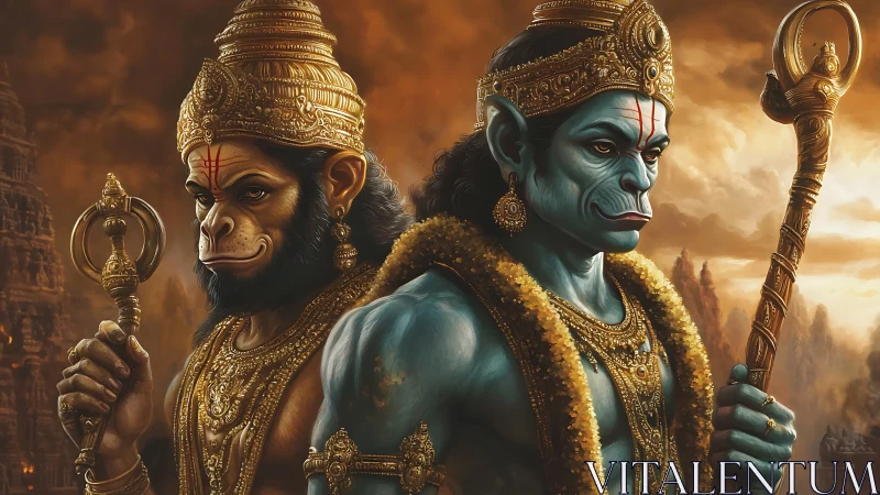 Divine warrior twins stand united against a burning sky