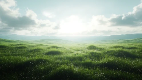 Sunlit grassland undulates under soft atmospheric backlighting