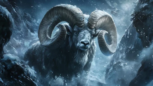 Horned mountain ram in cold blue-toned alpine landscape.