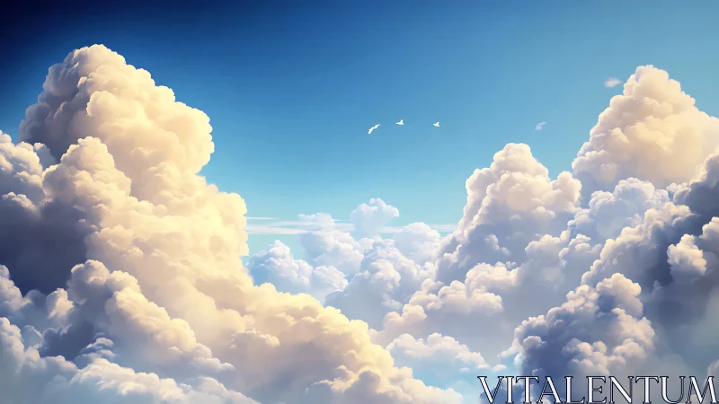 Sunlit cumulus towers rise against deep blue summer sky