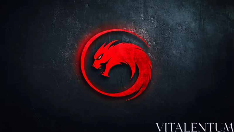 Red cyber dragon emblem glows on dark textured wall.