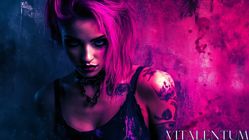 Neon-haired cyberpunk rebel stands in vivid magenta haze.