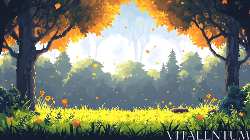 Autumn Forest Canopy: Golden Leaves Frame Misty Woodland Landscape.