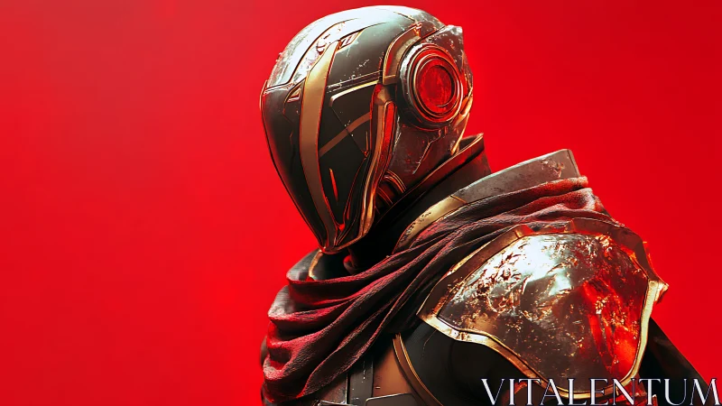 Armored sci fi figure with helmet on uniform red background.