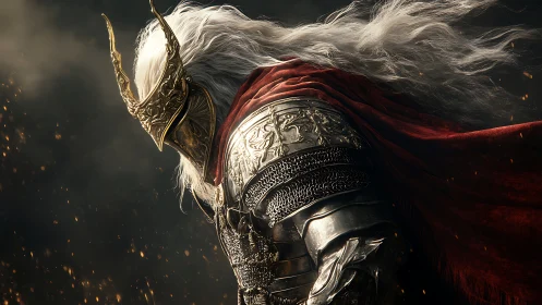 Elden-style armored monarch with burning embers and cloak