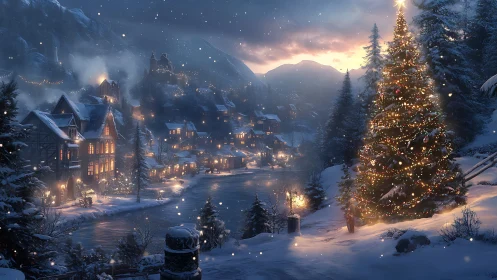 Snow-laden alpine village with illuminated festive conifer tree.