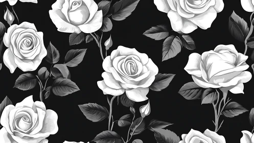 Monochromatic Botanical Roses: Grayscale Floral Pattern with Detailed Petals