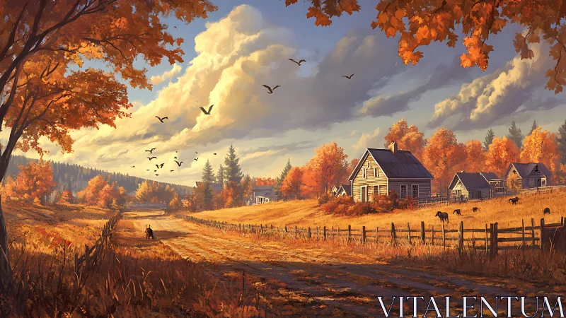 Golden autumn homestead glows beneath wandering country skies.