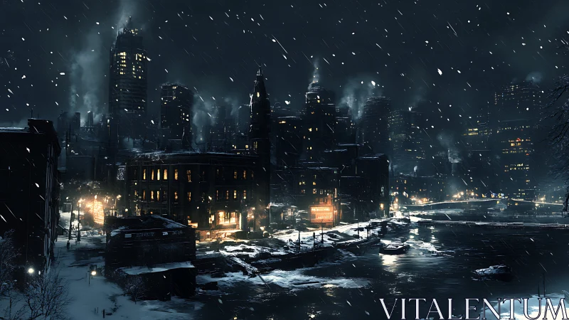 Snowy industrial city glows with warm riverside lights at night.