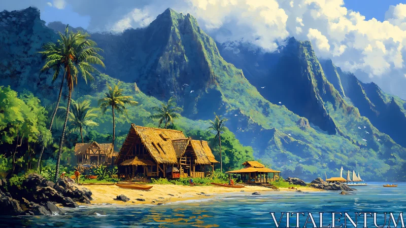Tropical Island Settlement with Coastal Mountain Valley.