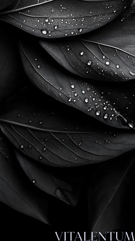 Monochrome leaves hold scattered raindrops under soft light