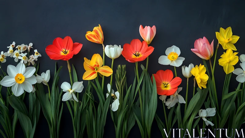 Spring Florals Arranged Against Textured Dark Background.