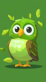 Green cartoon owl mascot on clean flat background.