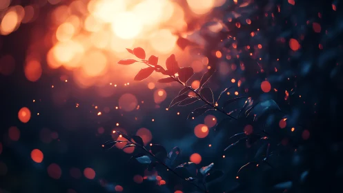 Dreamy branch silhouette with glowing bokeh lights at sunset.