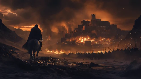 Lone rider watches burning fortress under storm-dark sky