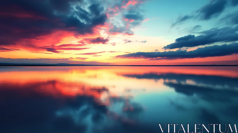 Iridescent sunset horizon mirrored across still water surface.