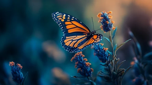 Twilight monarch drifts through neon blooms in quiet reverie.