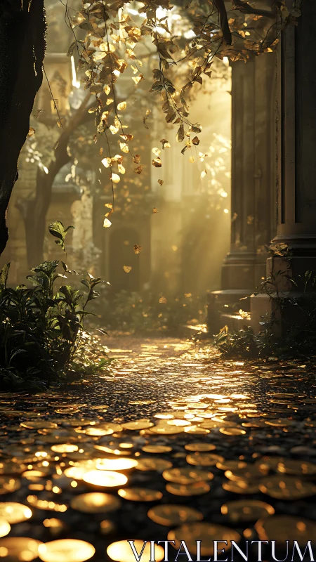 Golden coin path winds through sunlit overgrown ruins.