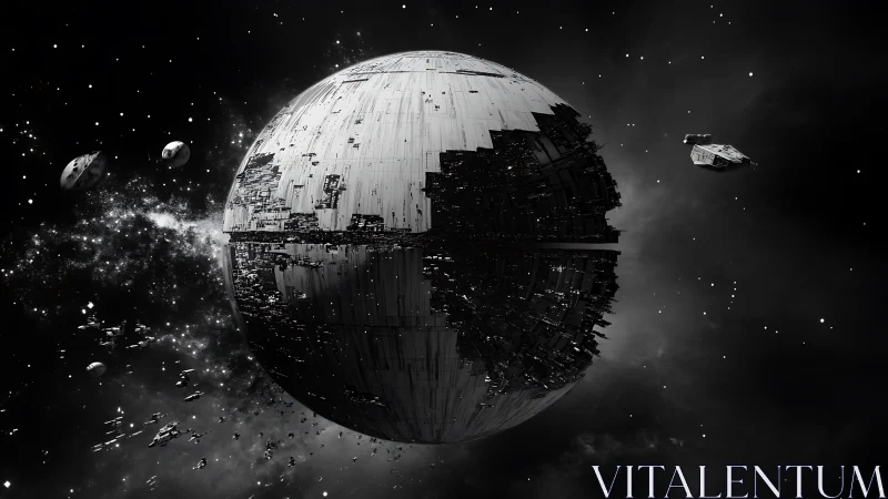 Monochrome 3D orbital megastructure with fractured hull detailing.