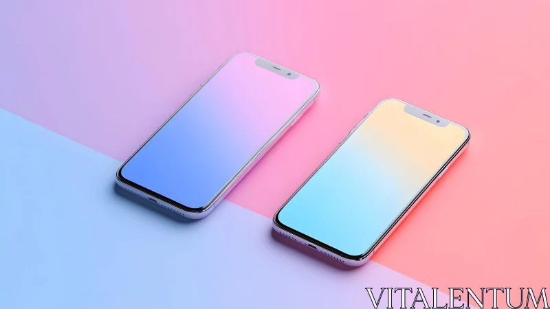 Two modern smartphones with gradient screens on pastel background.