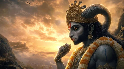 Majestic horned deity contemplates quietly in golden sunset