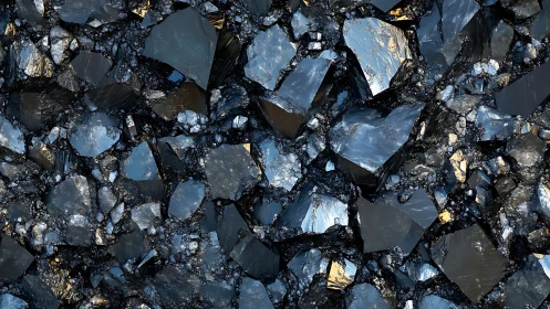 Fractured metallic crystals form dense, reflective mineral texture