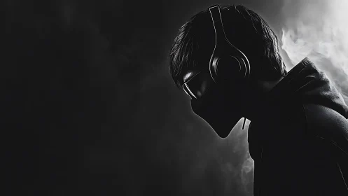 Cyberpunk silhouette profile with masked listener in fogged chiaroscuro.