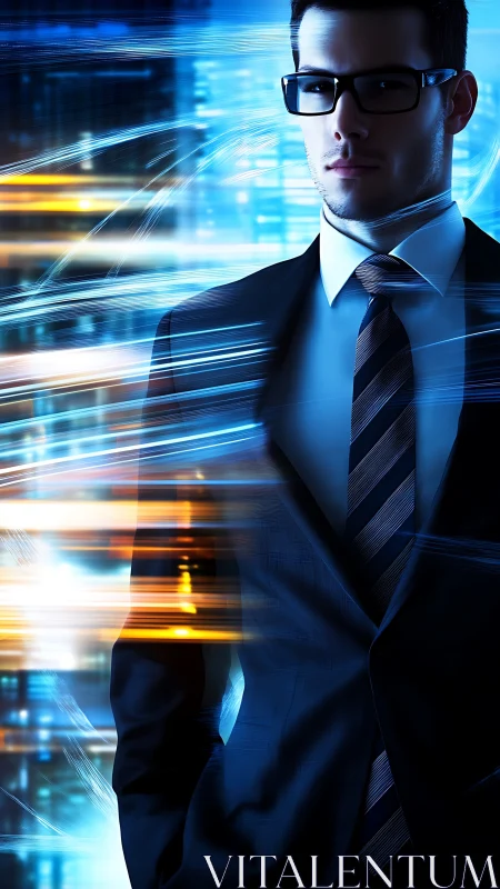 Confident young professional moving through a digital cityscape.