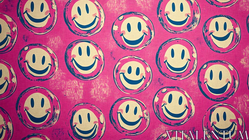 Grungy yellow smiley faces on vivid pink pop background.